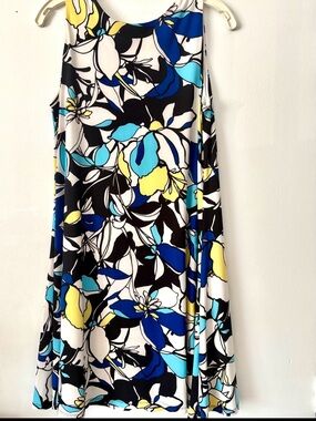 🔥Anne Klein Sleeveless Floral Swing Dress in Black, White, Blue & Yellow